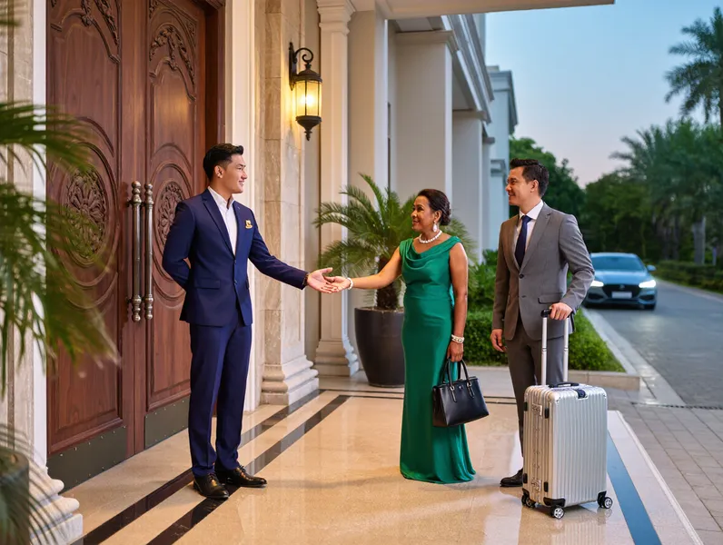 Concierge greeting members at a luxury villa entrance