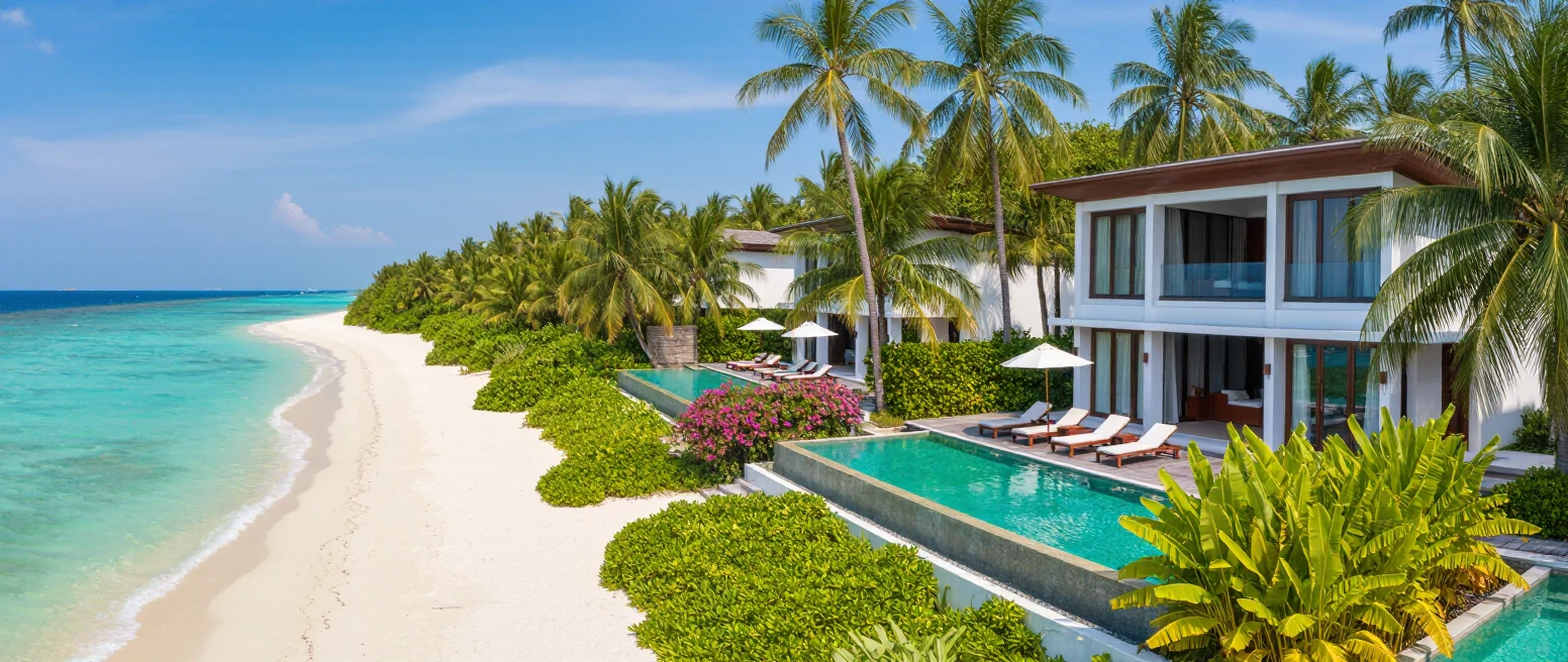 Private oceanfront villa terrace in Cap Cana at sunset